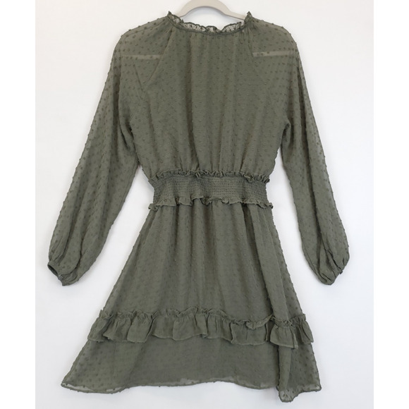 Skies Are Blue Short Dress Tired Ruffled Peasant Sleeve Smocked Women XS Olive‎ - Picture 2 of 12